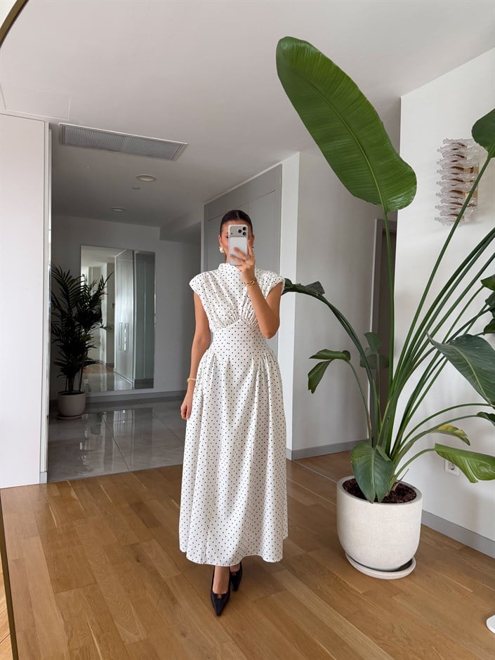 Puantiyeli Belden Oturmalı Elbise - Ekru