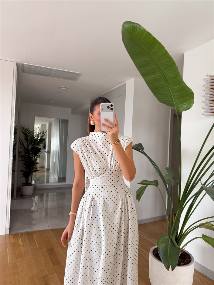 Puantiyeli Belden Oturmalı Elbise - Ekru