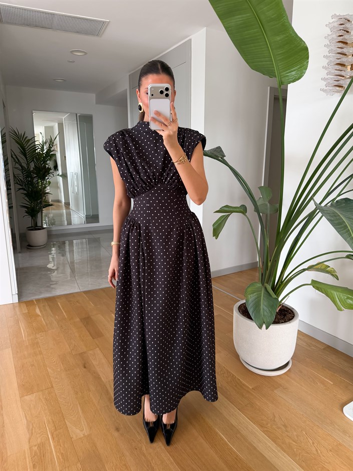 Puantiyeli Belden Oturmalı Elbise - Siyah 