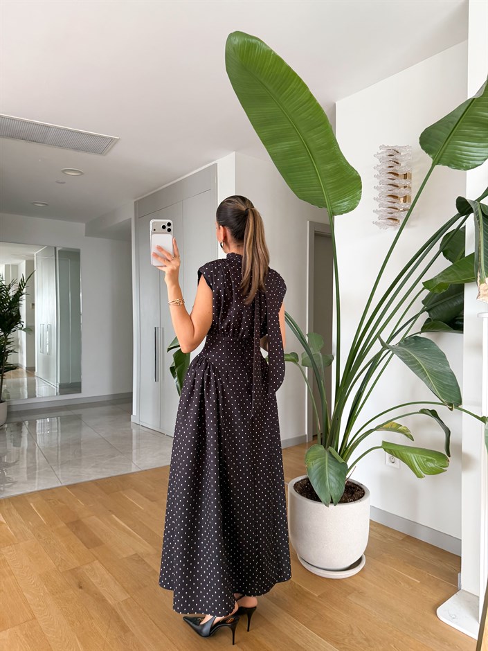 Puantiyeli Belden Oturmalı Elbise - Siyah 