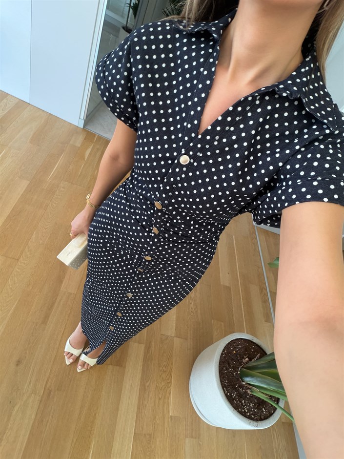 Puantiyeli Denim Elbise - Lacivert
