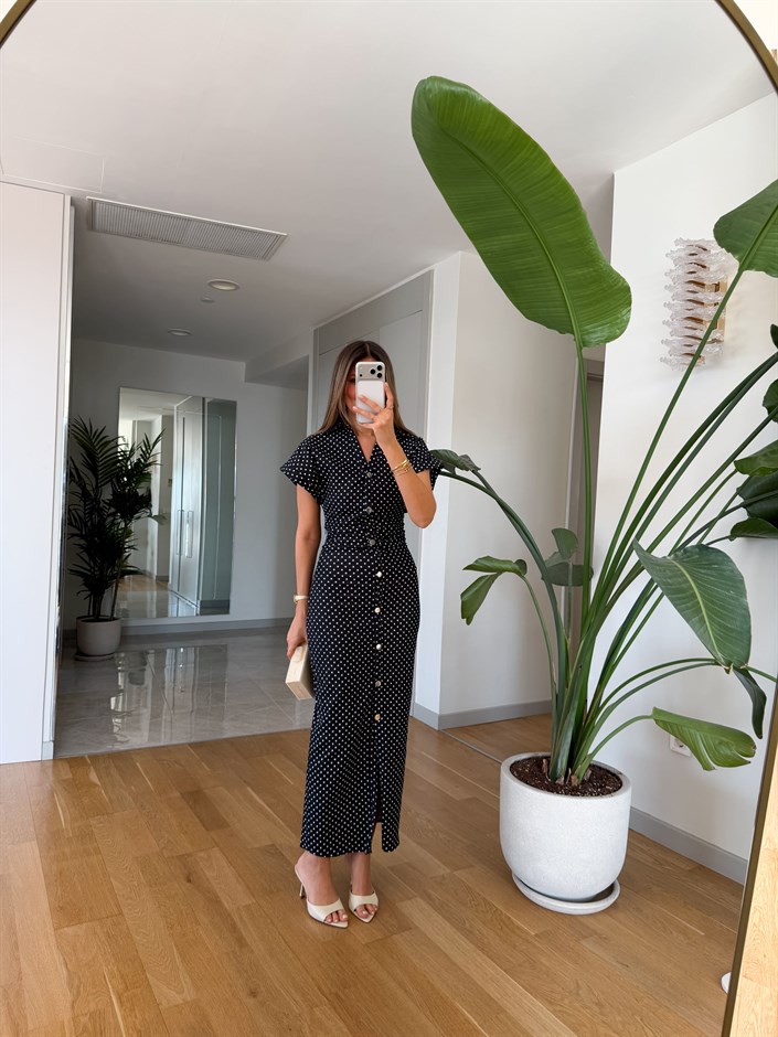 Puantiyeli Denim Elbise - Lacivert