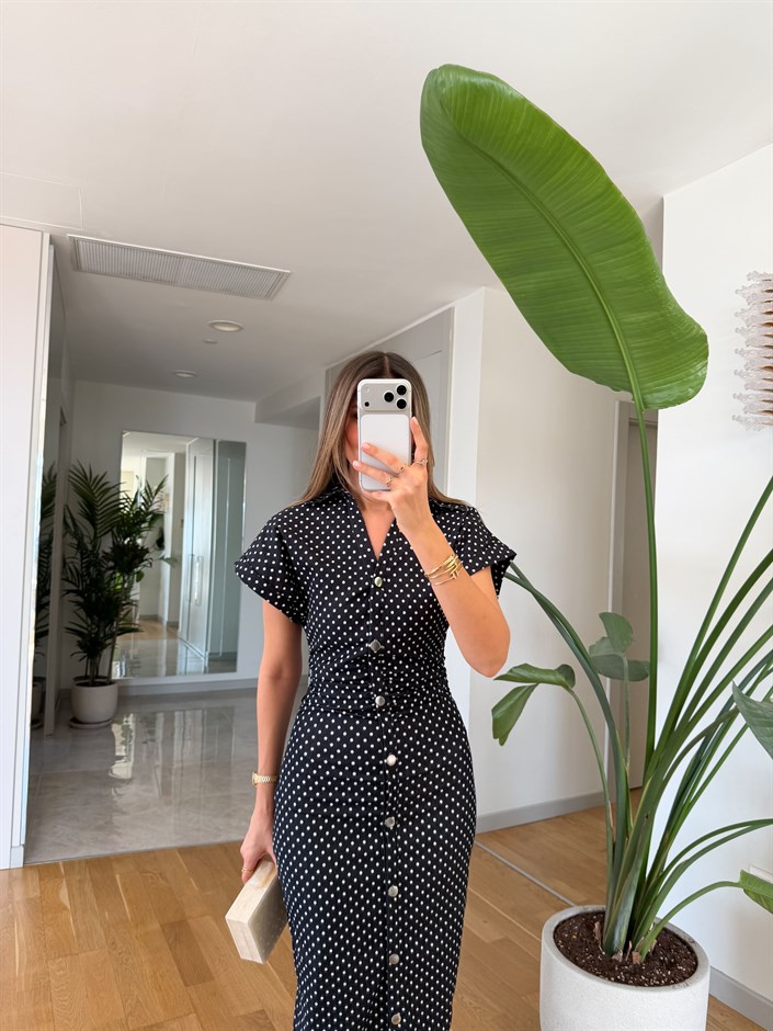 Puantiyeli Denim Elbise - Lacivert