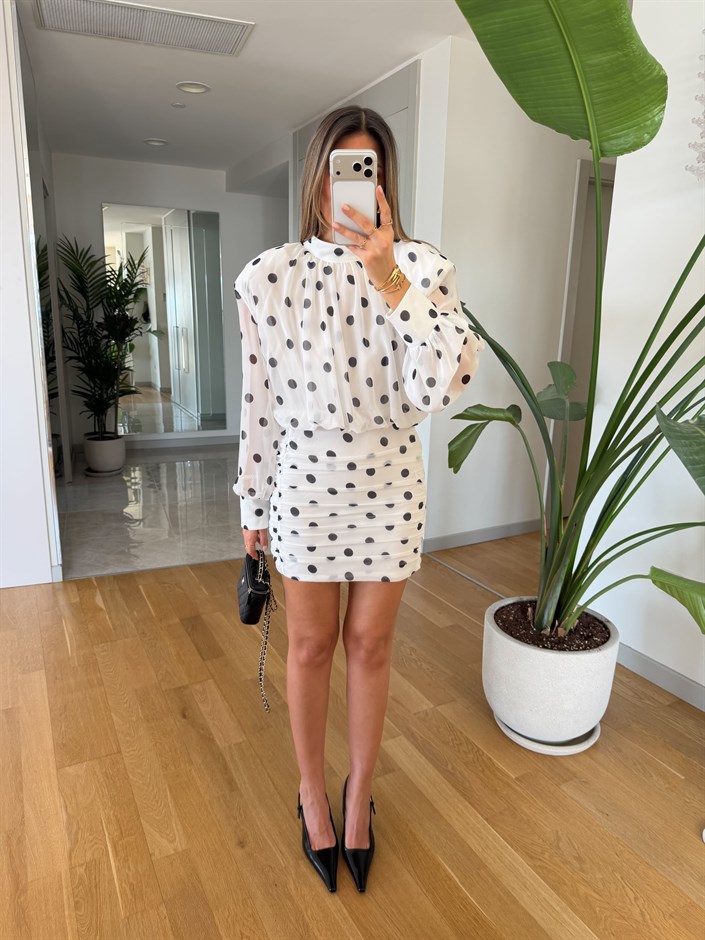 Puantiyeli Drapeli Şifon Elbise - Beyaz