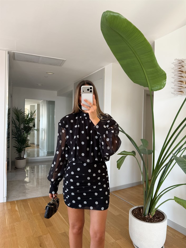 Puantiyeli Drapeli Şifon Elbise - Siyah 