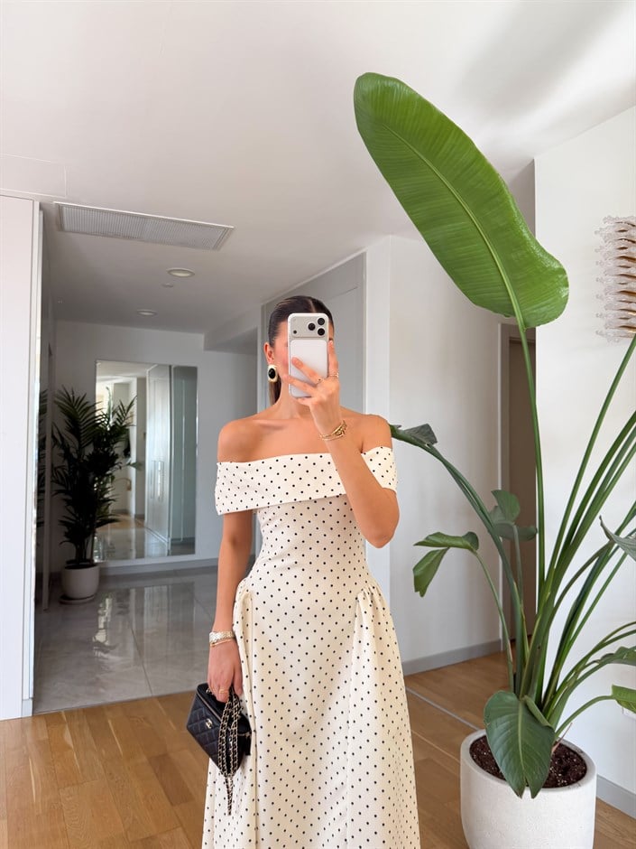 Puantiyeli Madonna Yaka Midi Elbise - Ekru