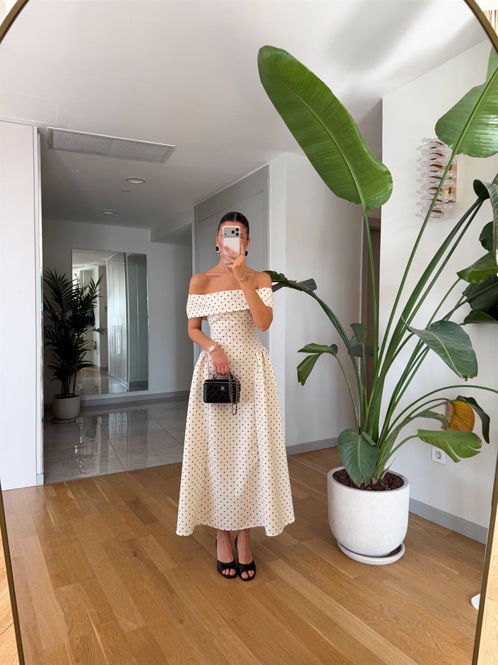 Puantiyeli Madonna Yaka Midi Elbise - Ekru