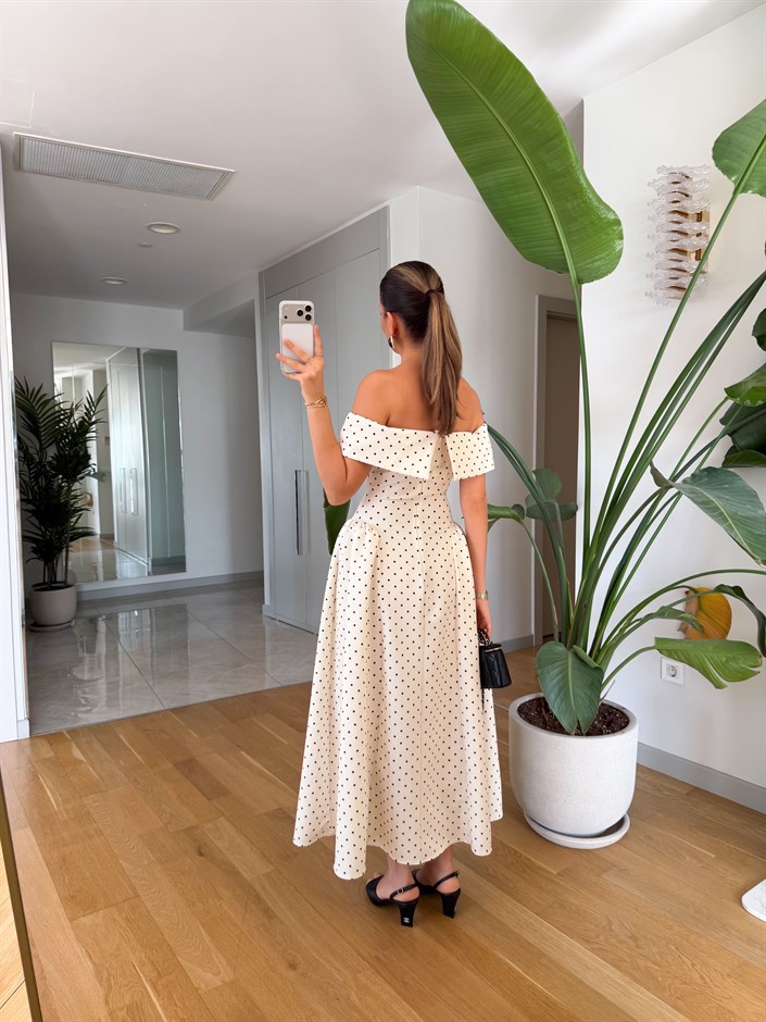 Puantiyeli Madonna Yaka Midi Elbise - Ekru