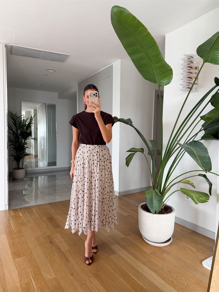 Puantiyeli Şifon Etek - Bej 