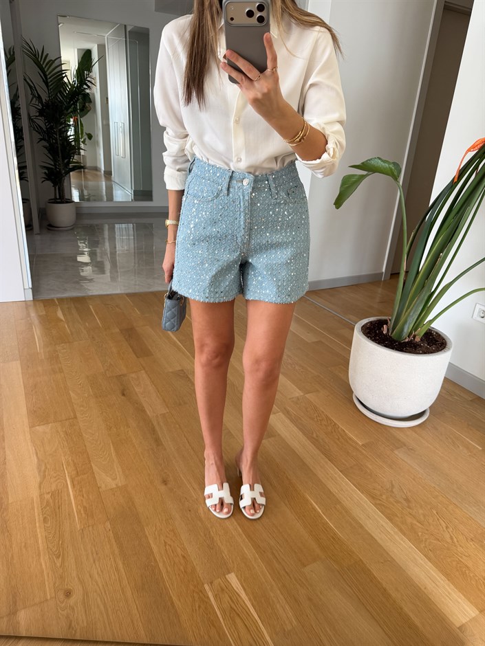 Pullu Denim Şort - Açık Mavi