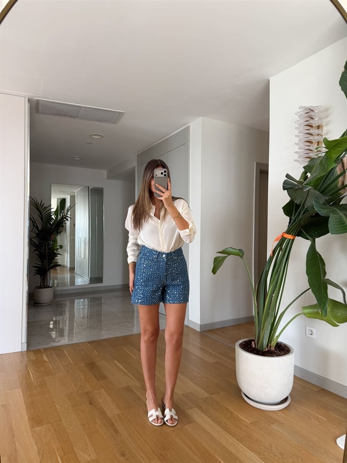 Pullu Denim Şort - Mavi