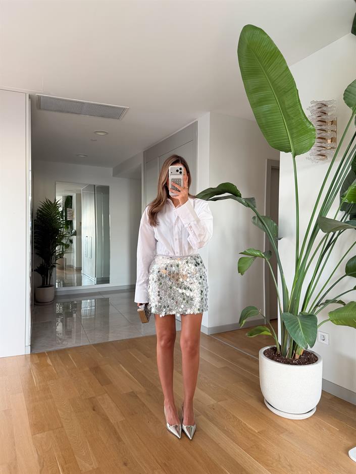 Pullu İçi Şortlu Etek - Gri 