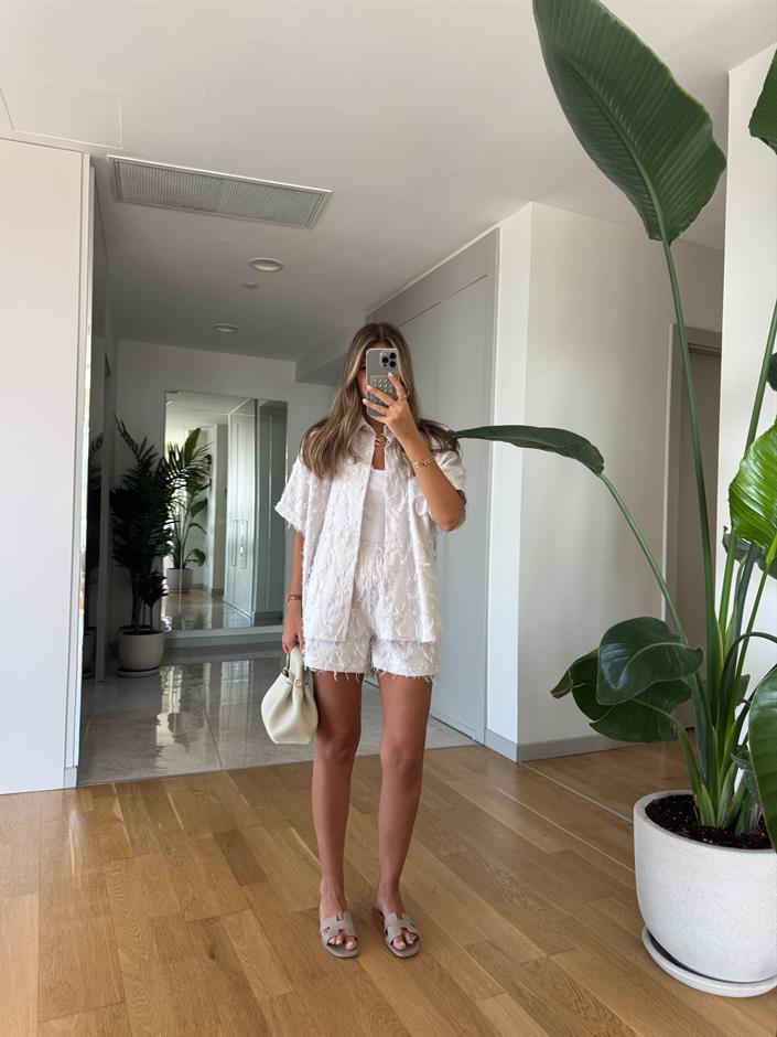 Püsküllü Çizgili Şort Gömlek Takım - Vizon