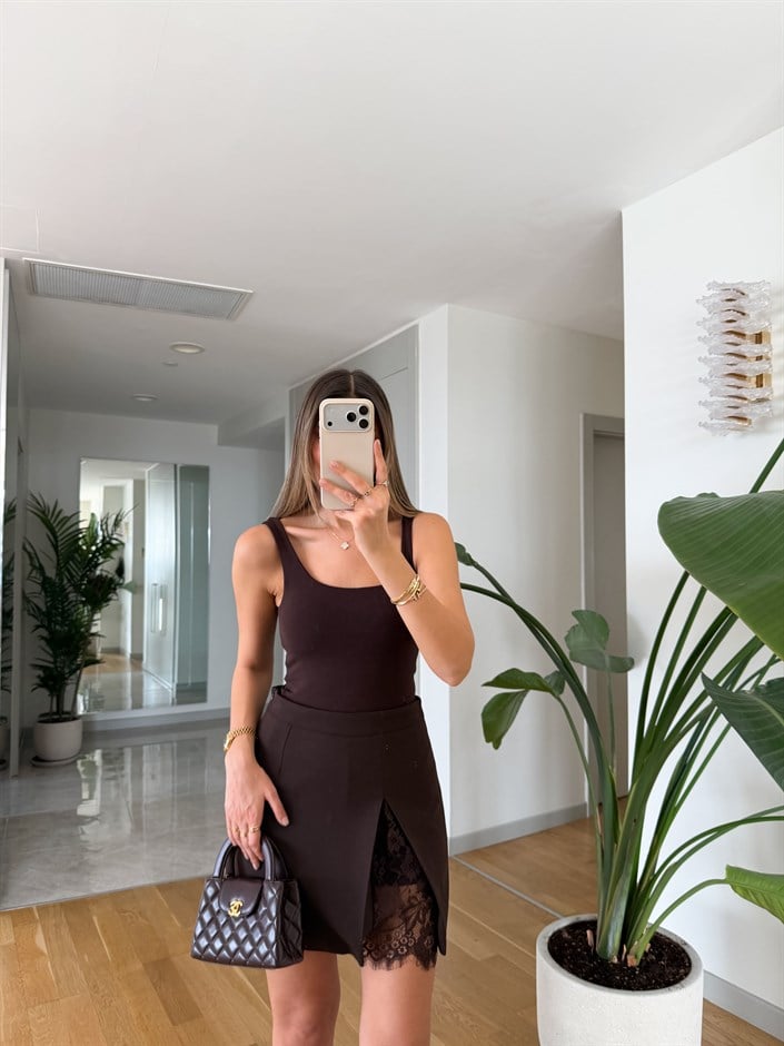 Qs Askılı Bodysuit - Kahve