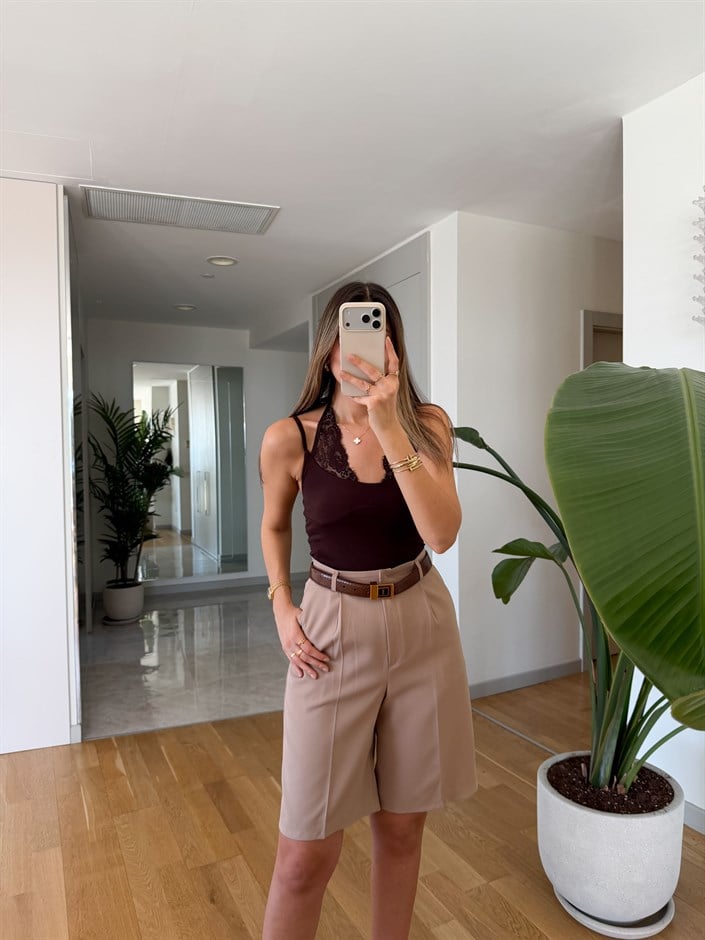 Qs Dantel Detaylı Atlet - Kahve