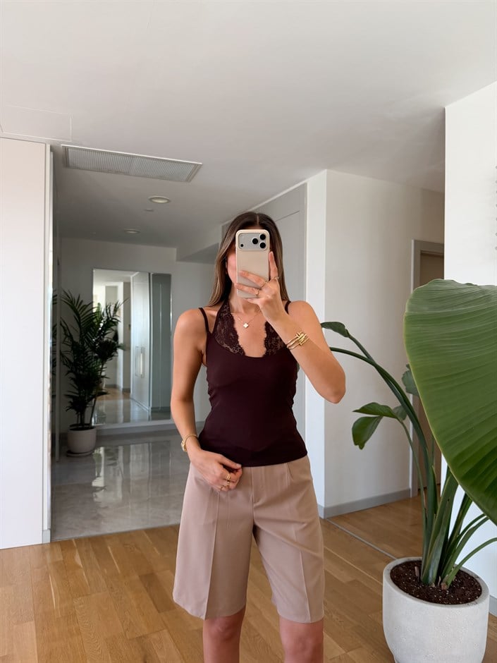 Qs Dantel Detaylı Atlet - Kahve