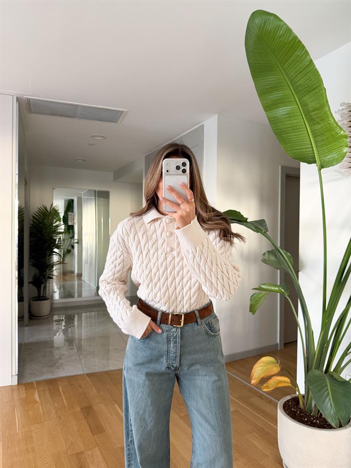 Qs Polo Yaka Saç Örgülü Kazak - Ekru 