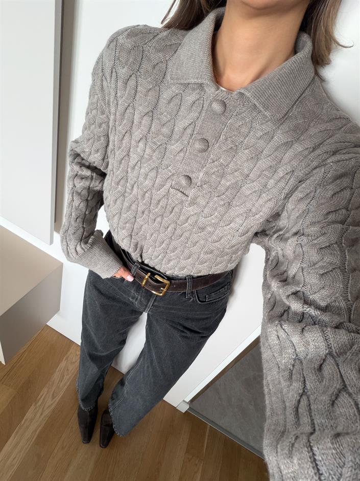 Qs Polo Yaka Saç Örgülü Kazak - Koyu Bej 