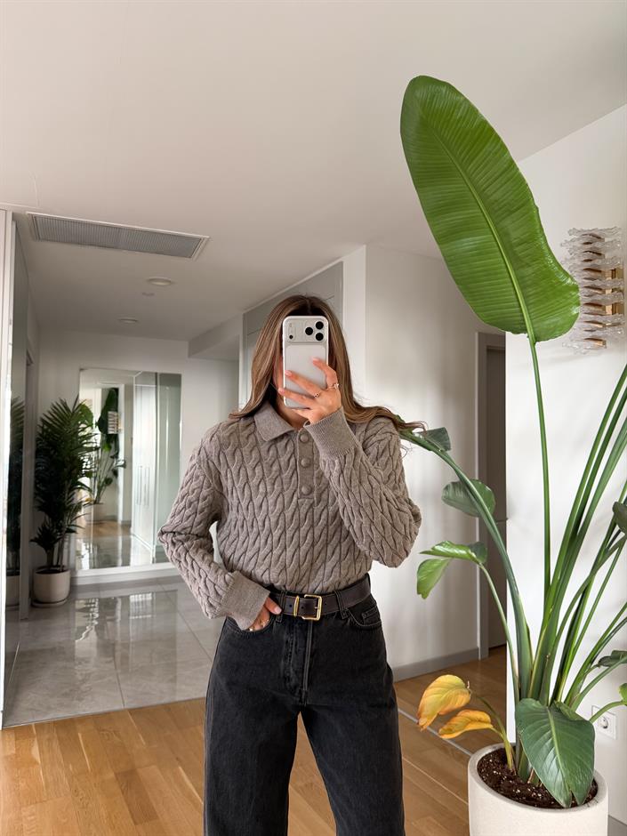 Qs Polo Yaka Saç Örgülü Kazak - Koyu Bej 