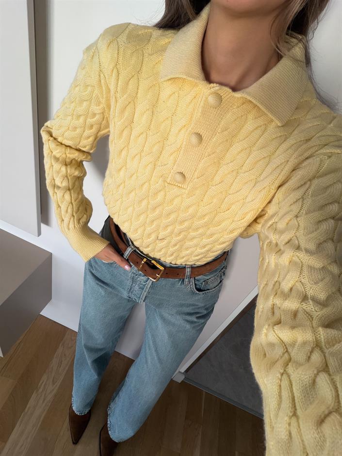 Qs Polo Yaka Saç Örgülü Kazak - Sarı 