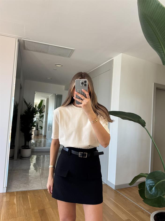 Qu Bisiklet Yaka Tok Dokulu Basic Tişört - Ekru