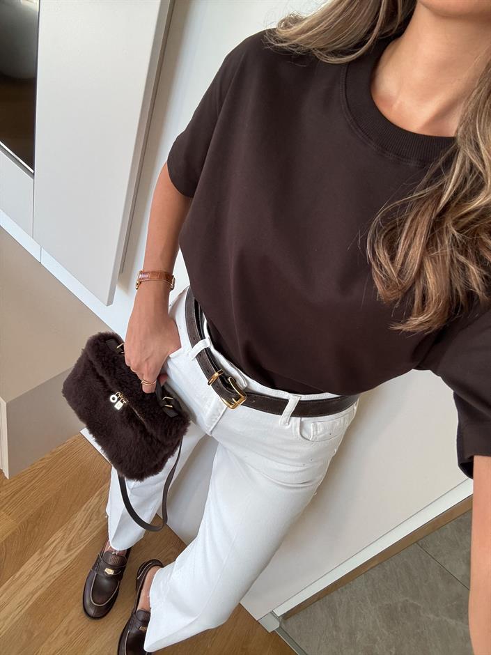 Qu Bisiklet Yaka Tok Dokulu Basic Tişört - Acı Kahve