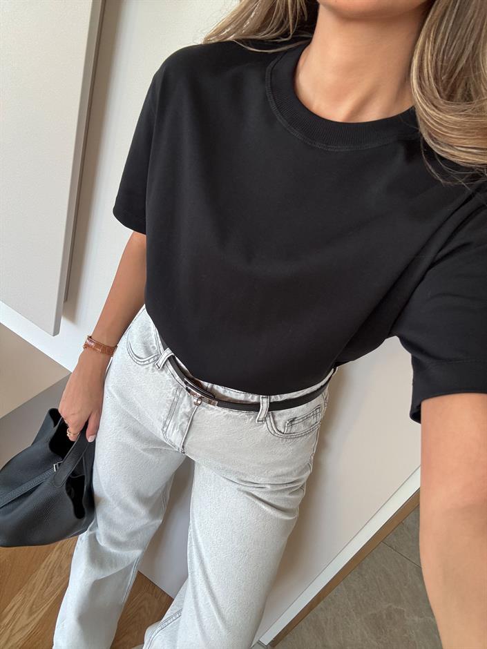 Qu Bisiklet Yaka Tok Dokulu Basic Tişört - Siyah