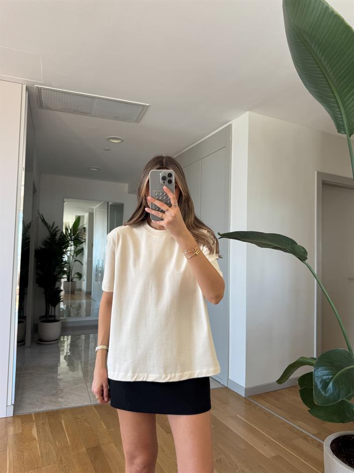 Qu Bisiklet Yaka Tok Dokulu Basic Tişört - Ekru