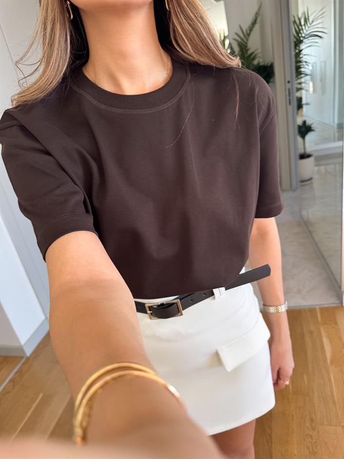 Qu Bisiklet Yaka Tok Dokulu Basic Tişört - Acı Kahve