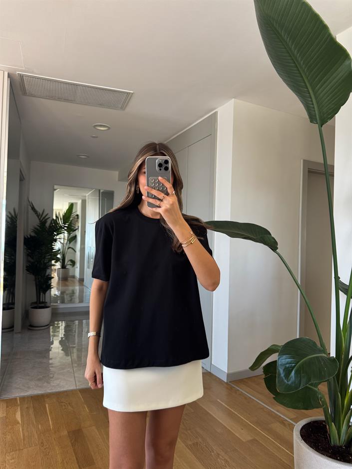 Qu Bisiklet Yaka Tok Dokulu Basic Tişört - Siyah