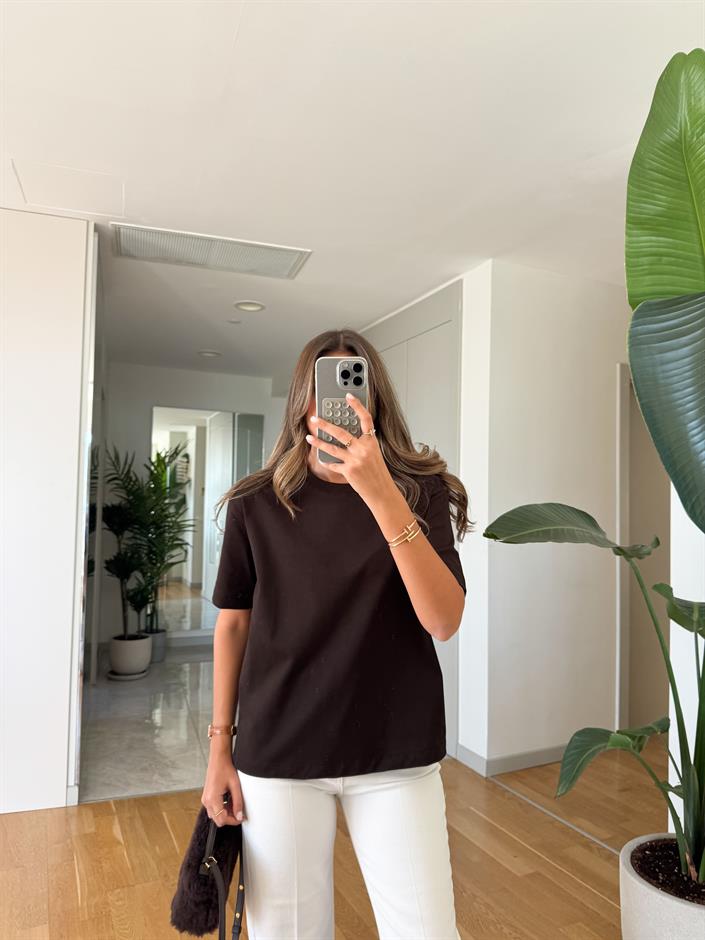 Qu Bisiklet Yaka Tok Dokulu Basic Tişört - Acı Kahve