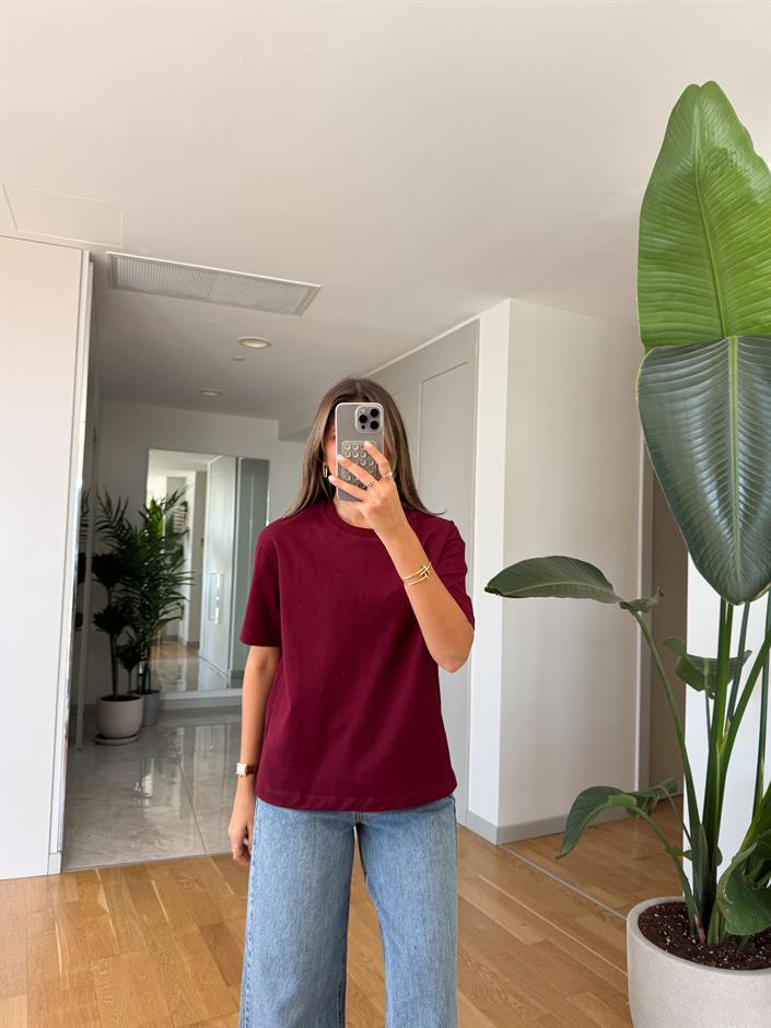 Qu Bisiklet Yaka Tok Dokulu Basic Tişört - Bordo