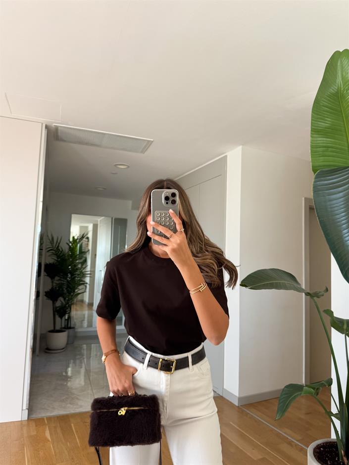 Qu Bisiklet Yaka Tok Dokulu Basic Tişört - Acı Kahve