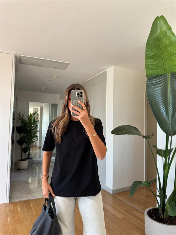 Qu Bisiklet Yaka Tok Dokulu Basic Tişört - Siyah