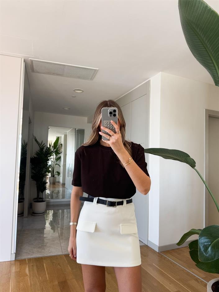 Qu Bisiklet Yaka Tok Dokulu Basic Tişört - Acı Kahve