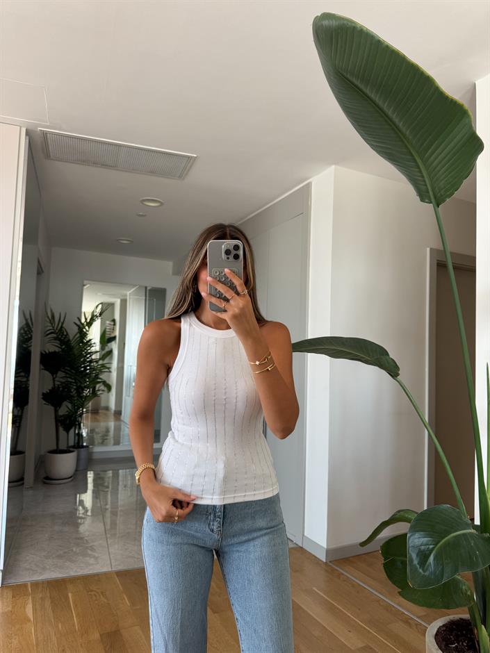 Qu Dikey Çizgi Taşlı Atlet -  Beyaz