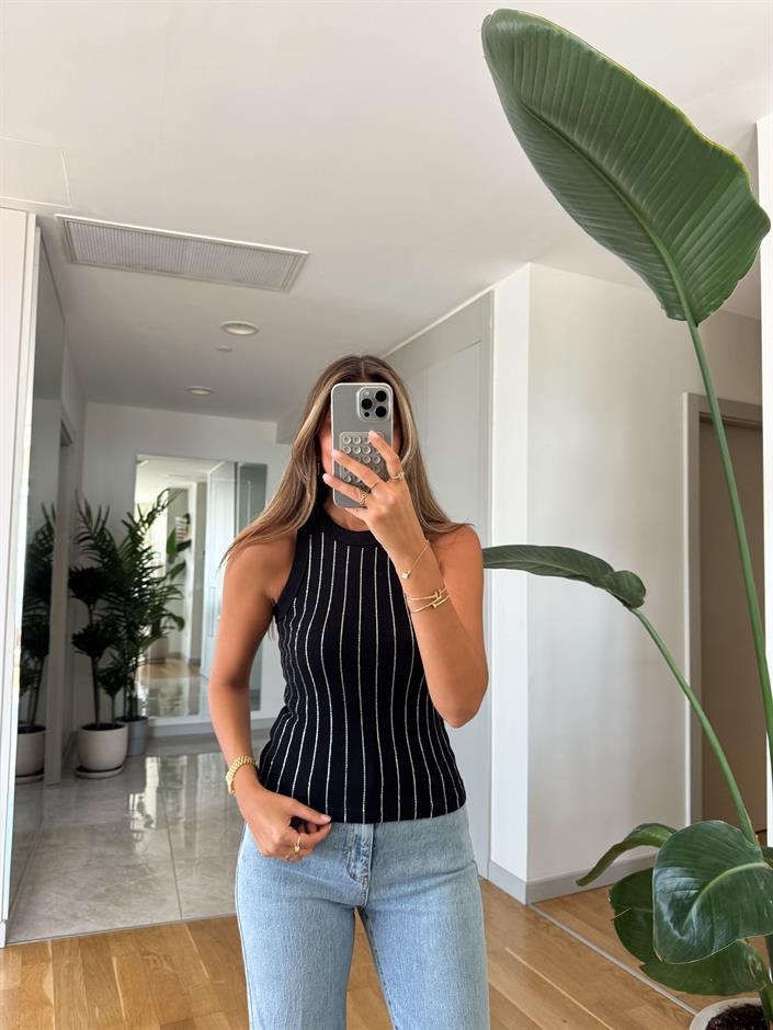 Qu Dikey Çizgi Taşlı Atlet -  Siyah