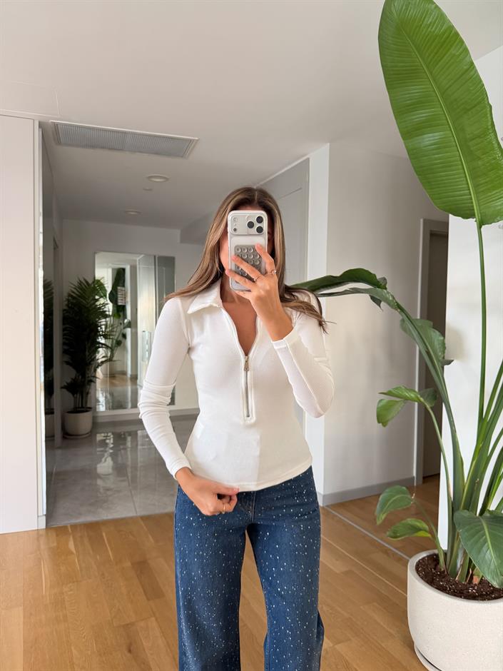Qu Fermuarlı Polo Yaka Body - Ekru