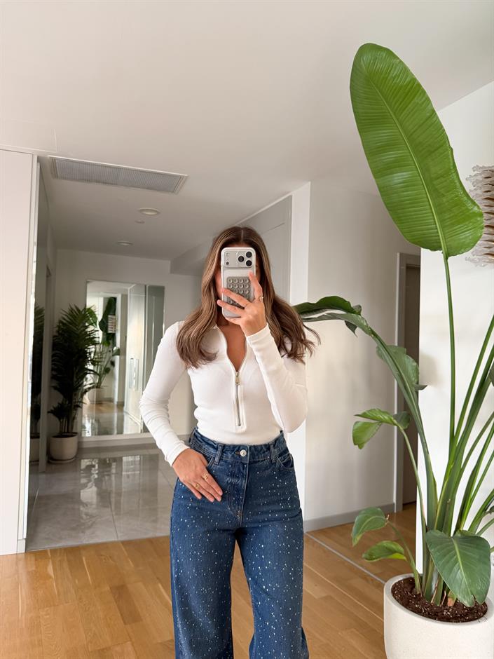 Qu Fermuarlı Polo Yaka Body - Ekru