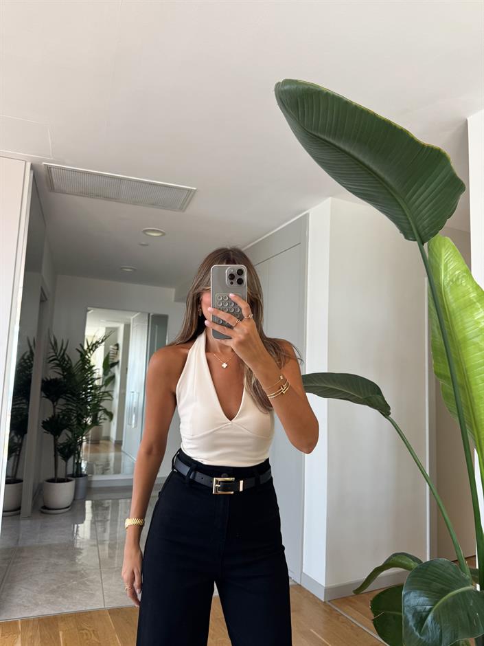 Qu Halter Yaka Bluz - Ekru