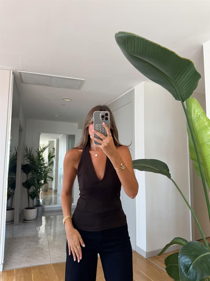 Qu Halter Yaka Bluz - Kahve