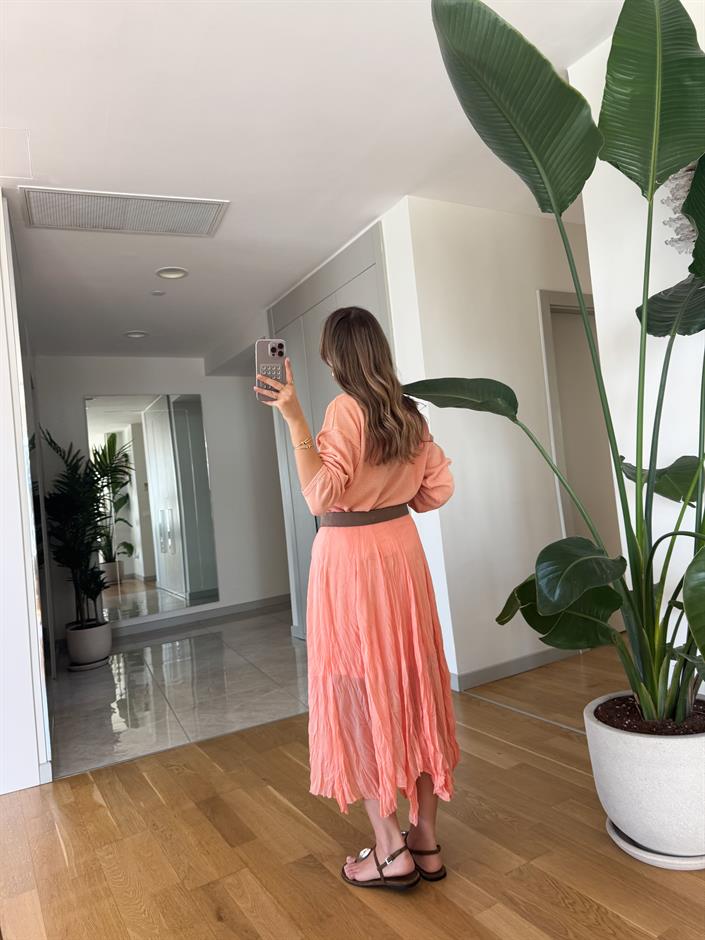 Qu Kırışık Kumaş Şifon Etek - Somon