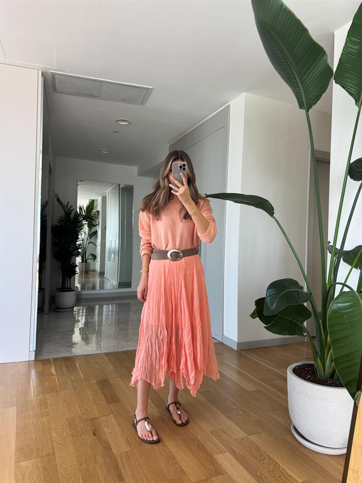 Qu Kırışık Kumaş Şifon Etek - Somon