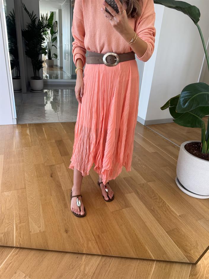 Qu Kırışık Kumaş Şifon Etek - Somon