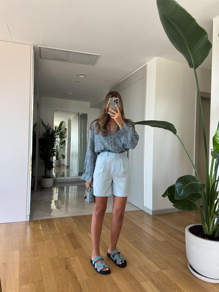 Qu Poliviskon Yüksek Bel Şort - Mavi