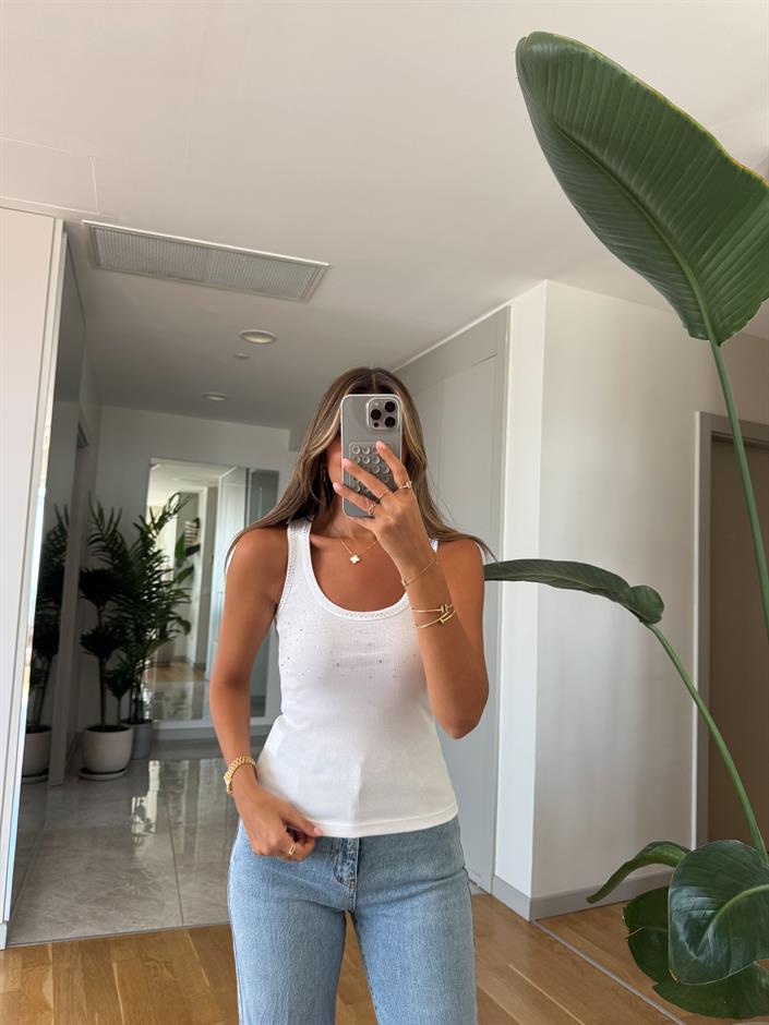 Qu U Yaka Taşlı Atlet -  Beyaz