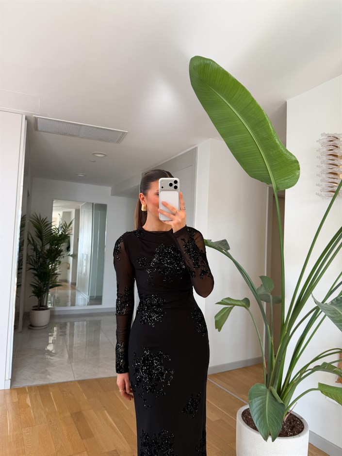 Quick Işıltılı Kolları Transpran Elbise - Siyah