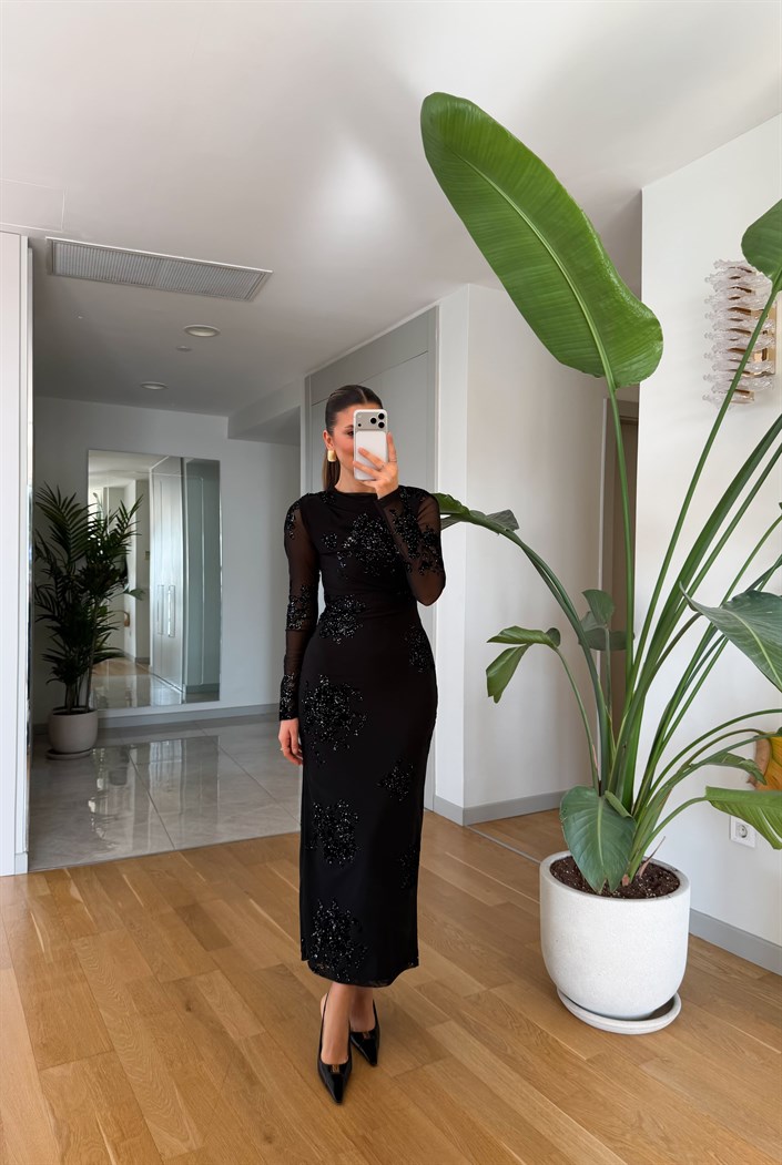 Quick Işıltılı Kolları Transpran Elbise - Siyah