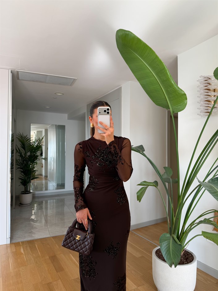 Quick Işıltılı Kolları Transpran Elbise - Kahve