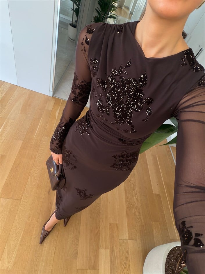 Quick Işıltılı Kolları Transpran Elbise - Kahve